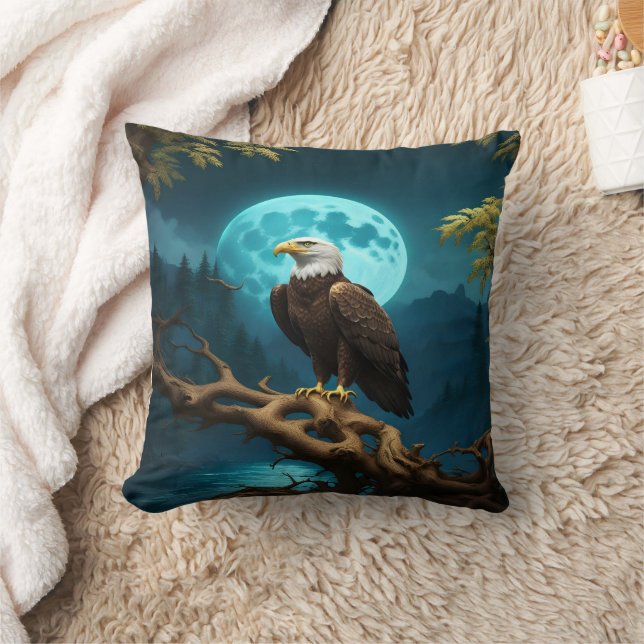Eagle Perched on Branch Under Full Moon Cushion (Blanket)