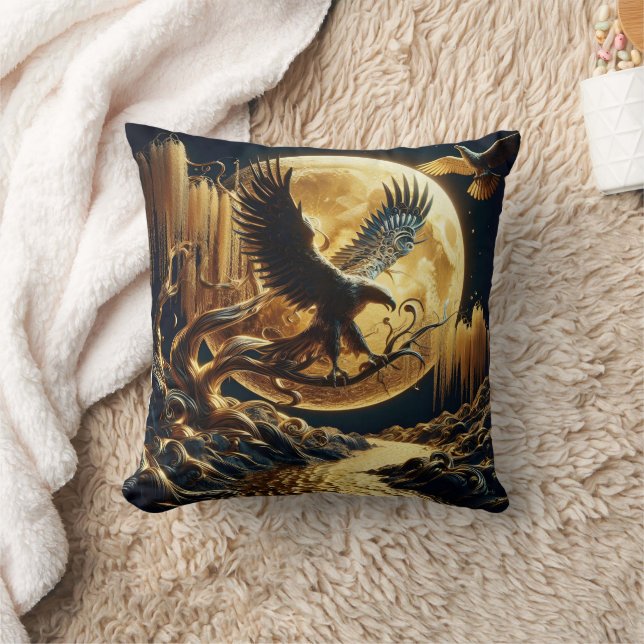 Eagle Perched on Branch Under Full Moon Cushion (Blanket)