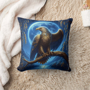 Eagle Perched on Branch Under Full Moon Cushion