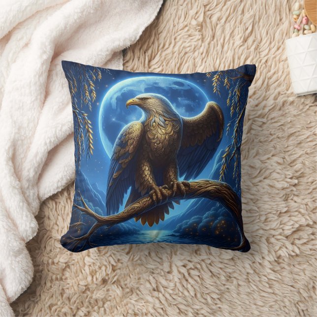Eagle Perched on Branch Under Full Moon Cushion (Blanket)