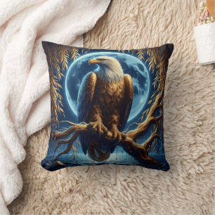 Eagle Perched On Branch Under Full Moon Cushion