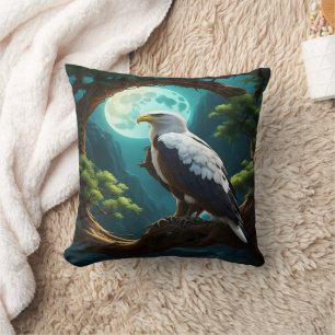 Eagle Perched on Branch Under Full Moon Night Cushion
