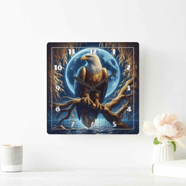Eagle Perched On Branch Under Full Moon Square Wall Clock (Home)