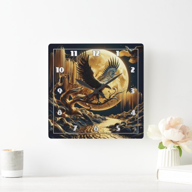 Eagle Perched on Branch Under Full Moon Square Wall Clock (Home)