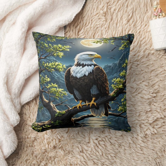 Eagle Perched on Branch Under Full Moonlight Cushion (Blanket)