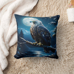Eagle Perched on Branch Under Full Moonlight Cushion