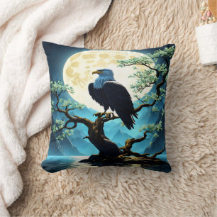 Eagle Perched on Branch Under Full Moonlight Cushion