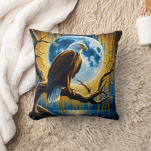 Eagle Perched on Branch Under Full Moonlight Cushion
