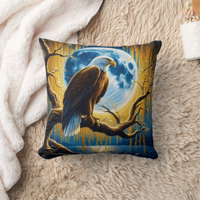 Eagle Perched on Branch Under Full Moonlight Cushion (Blanket)