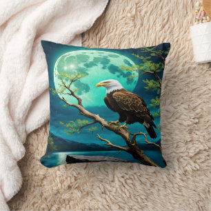 Eagle Perched on Branch Under Full Moonlight Cushion
