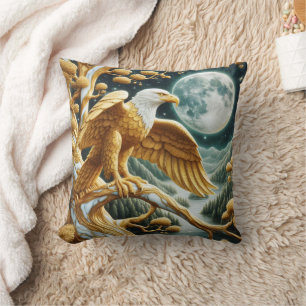 Eagle Perched on Branch Under Full Moonlight Cushion