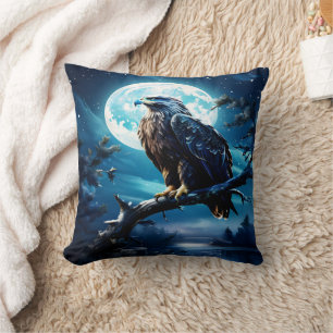 Eagle Perched on Branch Under Moonlight Cushion