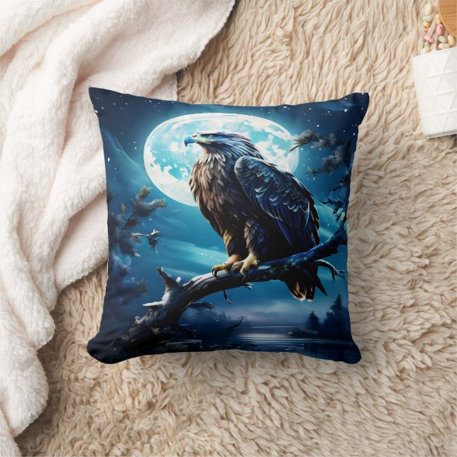 Eagle Perched on Branch Under Moonlight Cushion (Blanket)