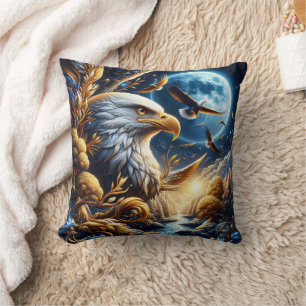 Eagle Perched on Branch Under Moonlit Sky Cushion