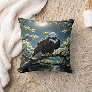 Eagle Perched on Branch Under Moonlit Sky Cushion