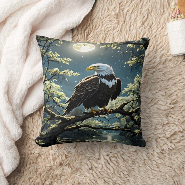 Eagle Perched on Branch Under Moonlit Sky Cushion (Blanket)