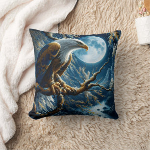 Eagle Perched on Branch Under Moonlit Sky Cushion