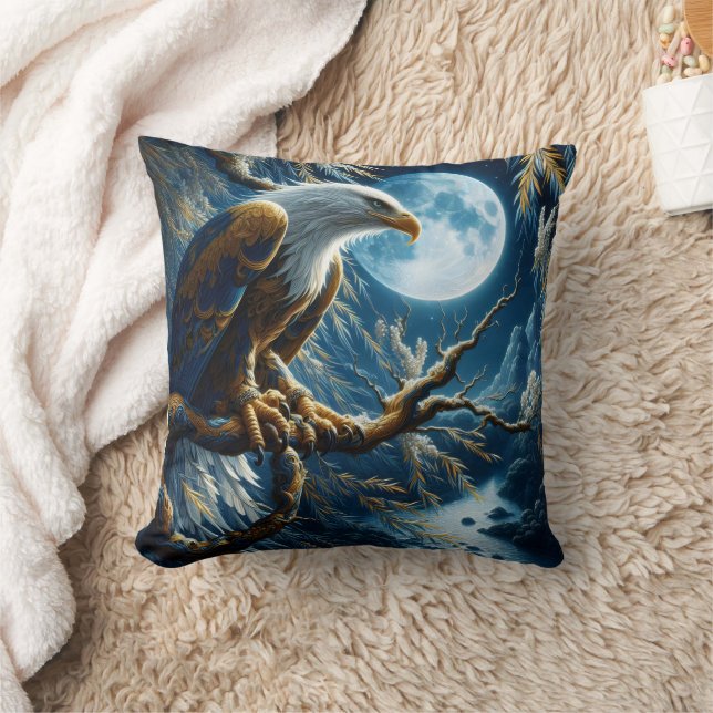 Eagle Perched on Branch Under Moonlit Sky Cushion (Blanket)