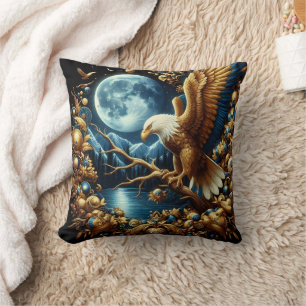 Eagle Perched on Branch Under Moonlit Sky Cushion