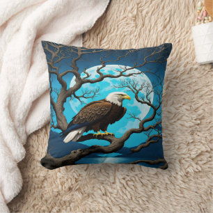 Eagle Perched on Branch Under Moonlit Sky Cushion