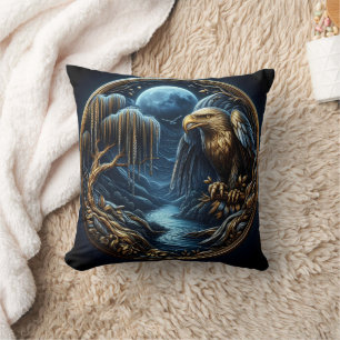 Eagle Perched on Branch Under Moonlit Sky Cushion