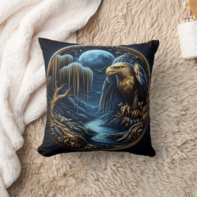 Eagle Perched on Branch Under Moonlit Sky Cushion (Blanket)