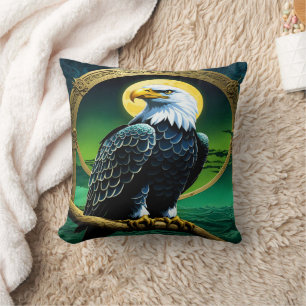 Eagle Perched on Branch Under Moonlit Sky Cushion