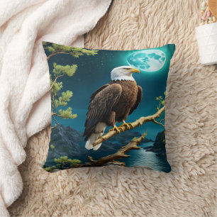 Eagle Perched on Branch Under Night Sky Cushion