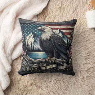 Eagle Perched on Branch With Mountain Backdrop Cushion