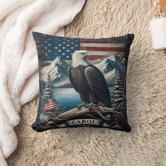 Eagle Perched on Branch With Mountains and Flag Cushion (Blanket)