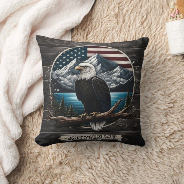 Eagle Perched on Branch With Mountains and Flag Cushion (Blanket)