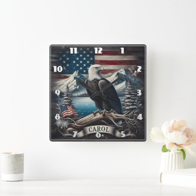 Eagle Perched on Branch With Mountains and Flag Square Wall Clock (Home)