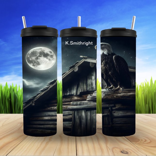 Eagle Perched on Cabin Roof Moonlit Thermal Tumbler (Creator Uploaded)