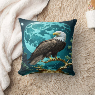 Eagle Perched on Golden Tree Branch at Night Cushion