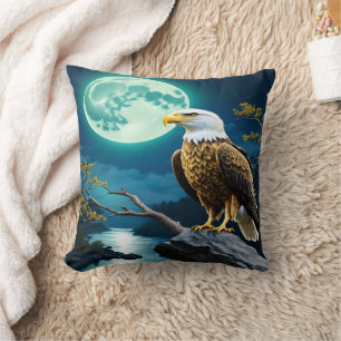 Eagle Perched On Rock Beneath Full Moon Cushion
