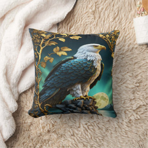 Eagle Perched on Rock by Moonlit Lake Cushion