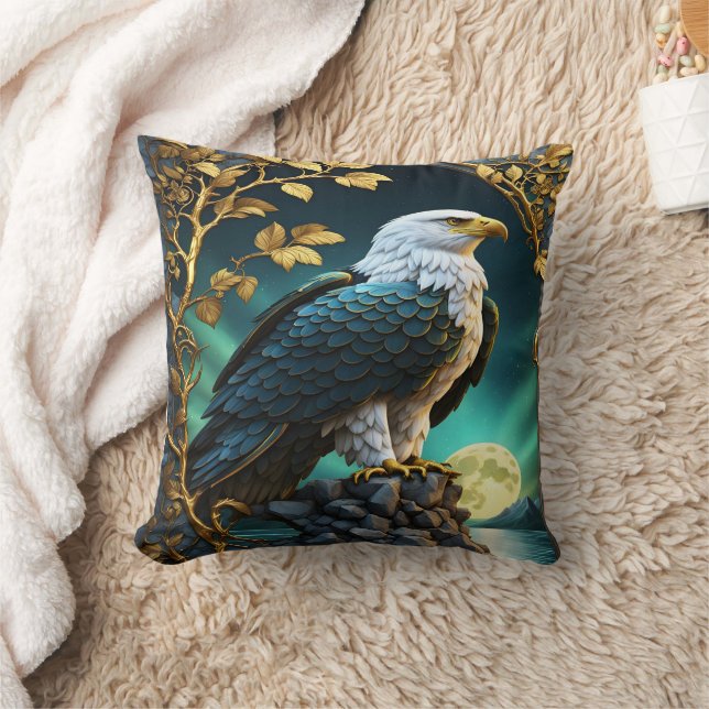 Eagle Perched on Rock by Moonlit Lake Cushion (Blanket)