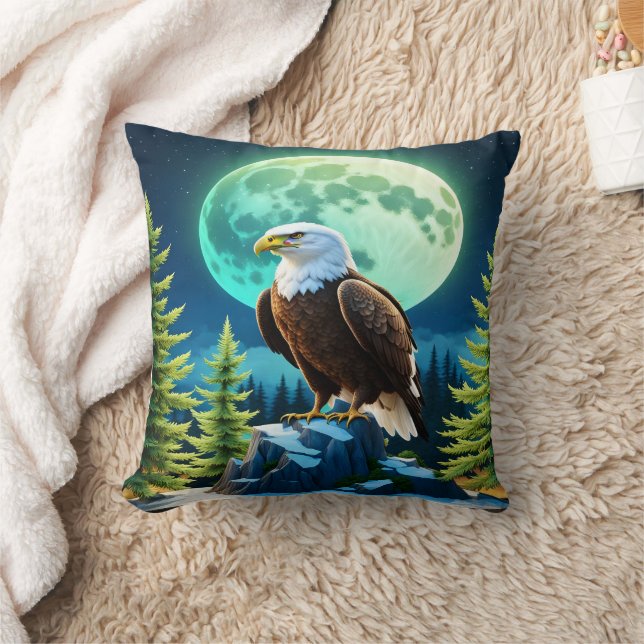 Eagle Perched on Rock Under Full Moon Cushion (Blanket)