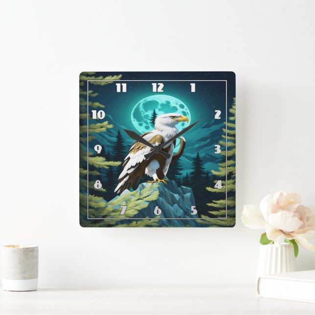 Eagle Perched on Rock Under Moonlit Sky Square Wall Clock (Home)