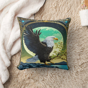 Eagle Perched on Rock With Moonlit Background Cushion