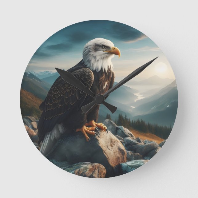 Eagle Perched on Rocky Terrain Round Clock (Front)