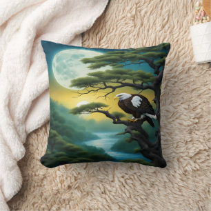 Eagle Perched on Tree Branch Under Full Moon Cushion