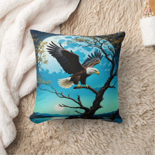 Eagle Perched on Tree Branch Under Full Moon Cushion