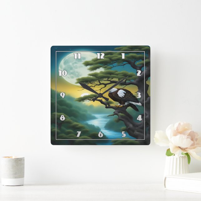 Eagle Perched on Tree Branch Under Full Moon Square Wall Clock (Home)