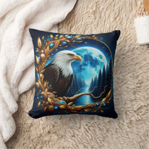 Eagle Perched on Tree Branch Under Moonlight Cushion