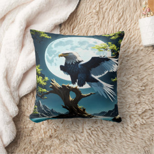 Eagle Perched on Tree Branch Under Moonlight Cushion