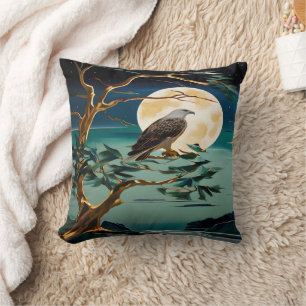 Eagle Perched on Tree Under Full Moon Night Cushion