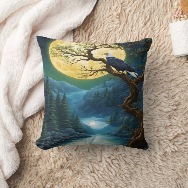 Eagle Perched Under Full Moon Over River Cushion (Blanket)