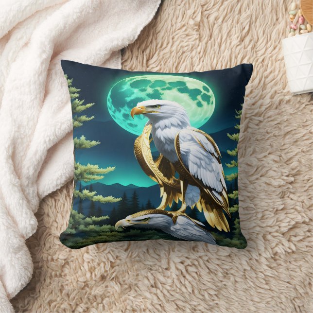 Eagle Perched Under Moonlit Sky in Forest Cushion (Blanket)