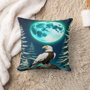 Eagle Perched Under Moonlit Winter Sky Cushion